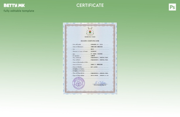 Модерен стил на Буркина Фасо, шаблон за PSD сертификат за смрт од витално значењ